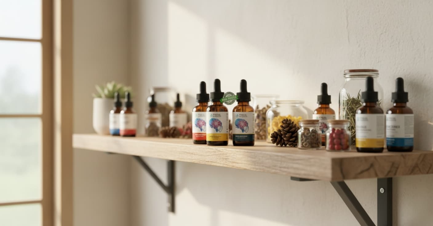 Scientific diagram showing pineal gland restoration and neural pathway regeneration in Pineal Guardian users