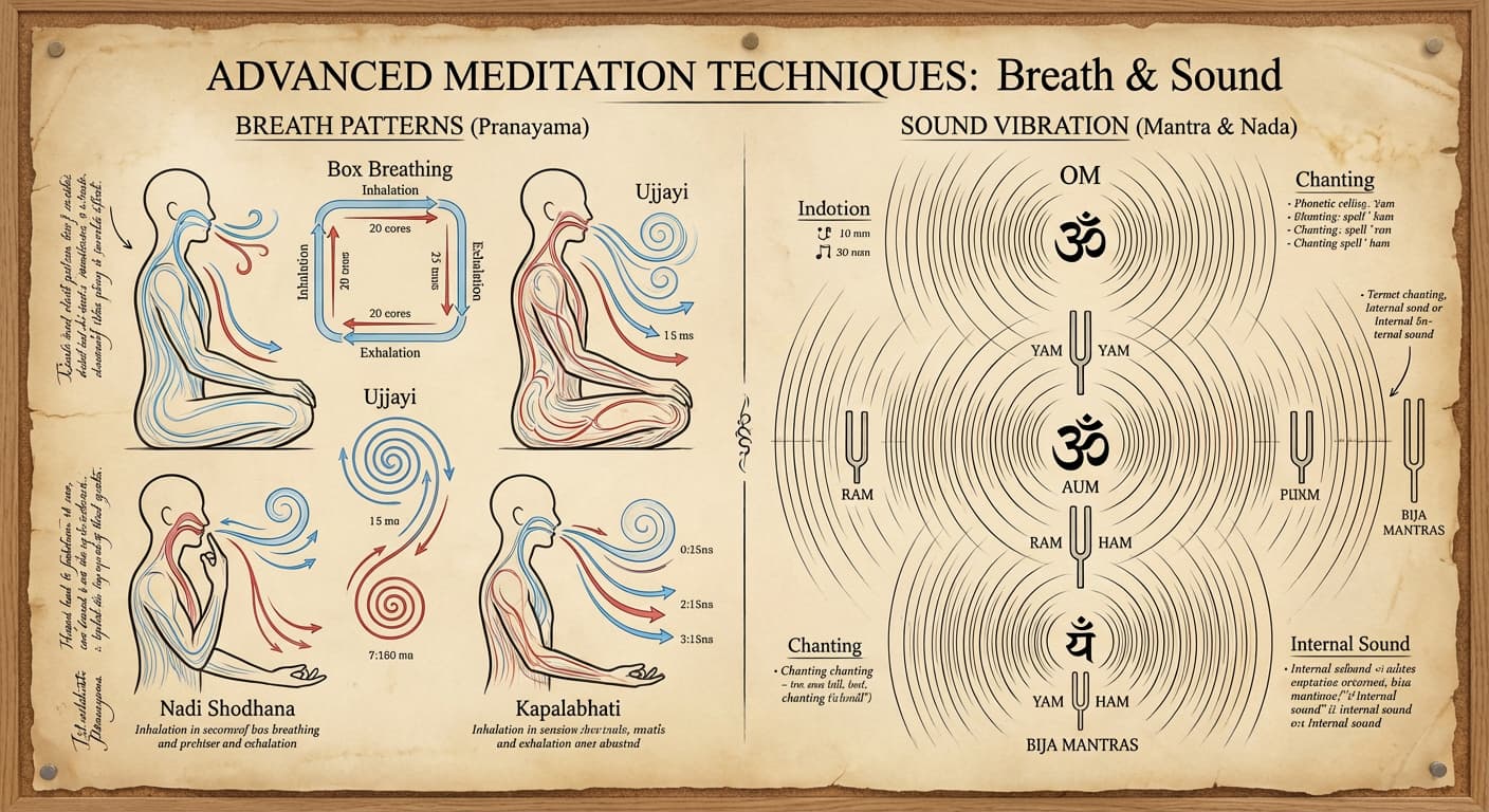 Advanced meditation techniques diagram showing breath patterns and sound vibration methods