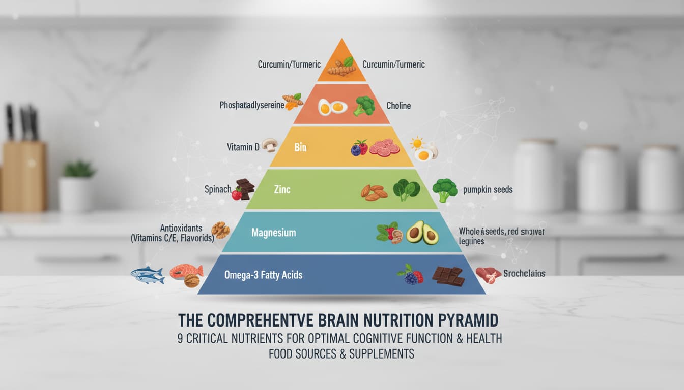 Comprehensive brain nutrition pyramid showing all 9 critical nutrients and their sources