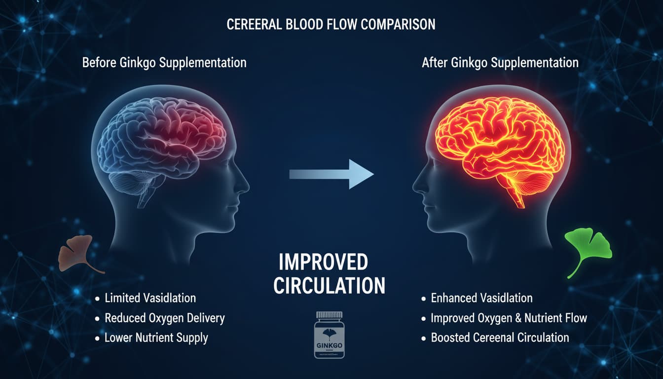 Blood flow comparison showing improved cerebral circulation with ginkgo supplementation