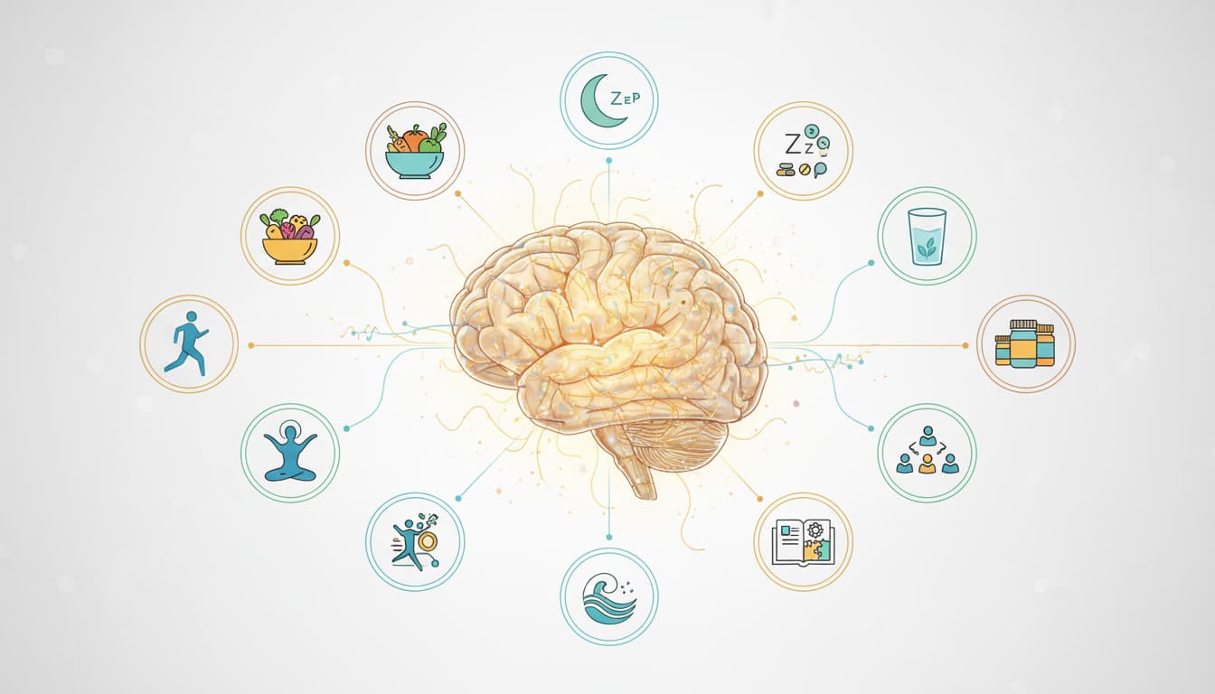Comprehensive brain health approach showing multiple interventions working synergistically