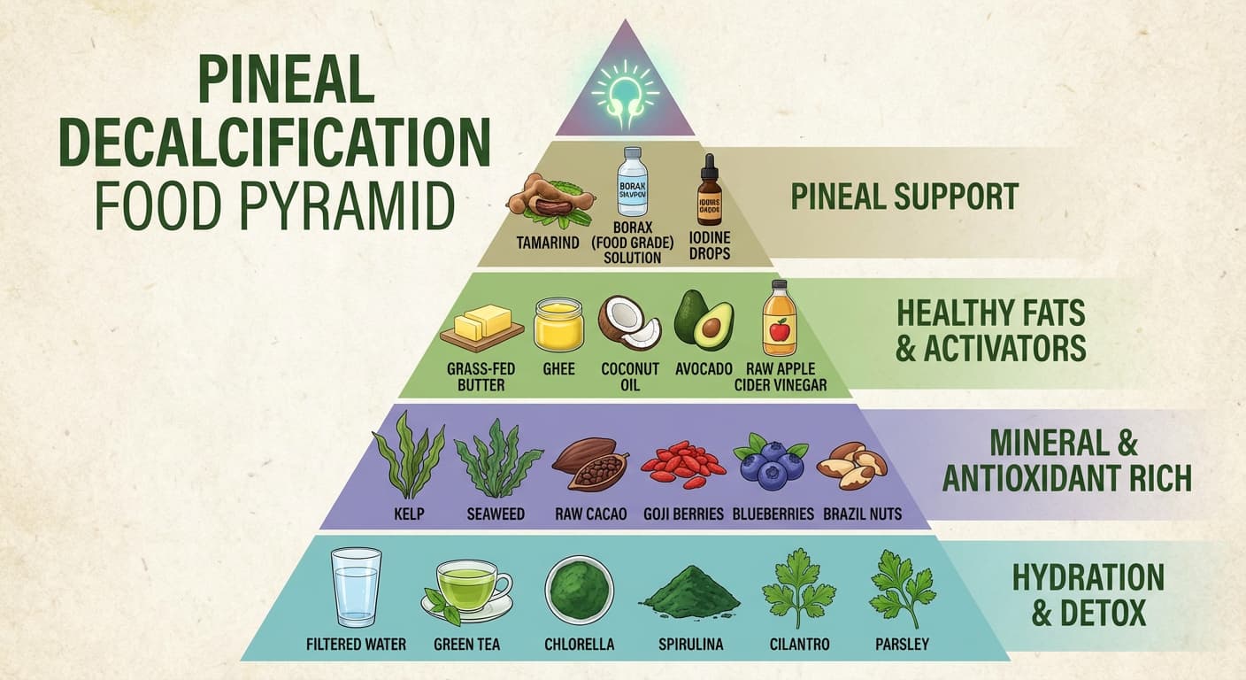 Food pyramid showing best foods for pineal decalcification