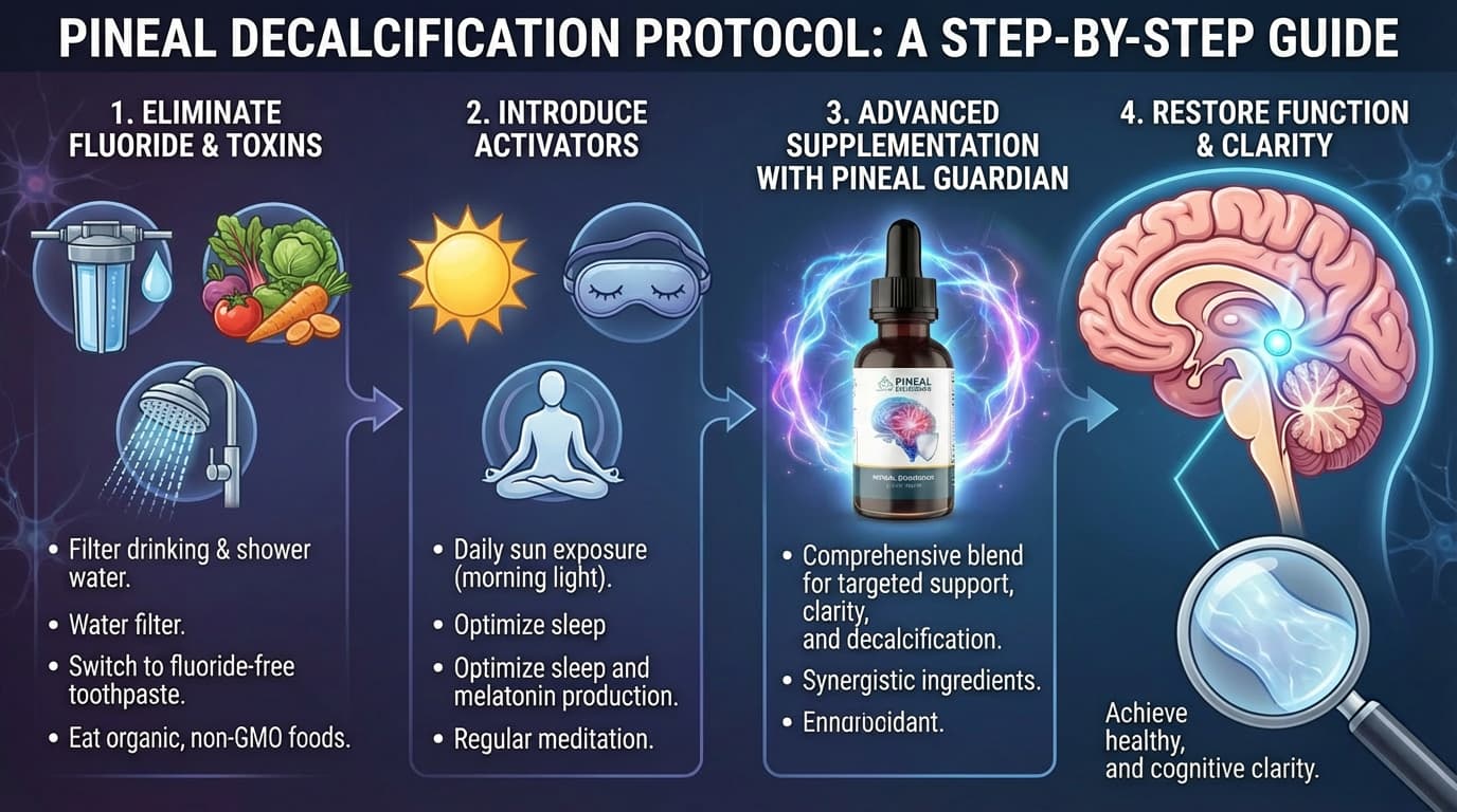 Step-by-step protocol infographic for pineal decalcification