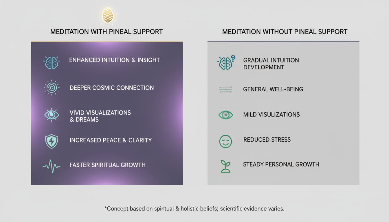 Comparison chart showing meditation results with vs without biological pineal support