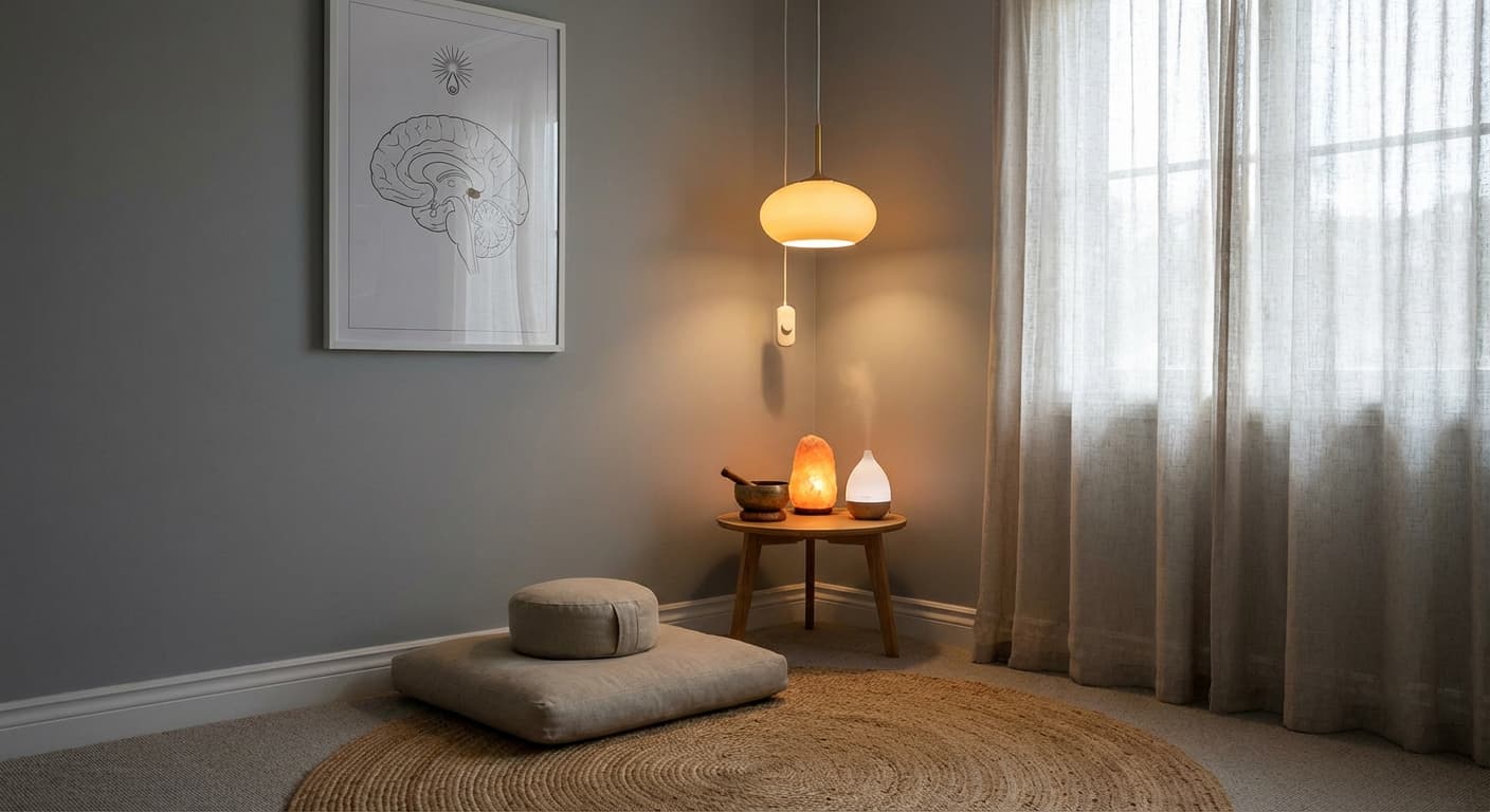 Meditation space setup with optimal lighting and positioning for pineal practice