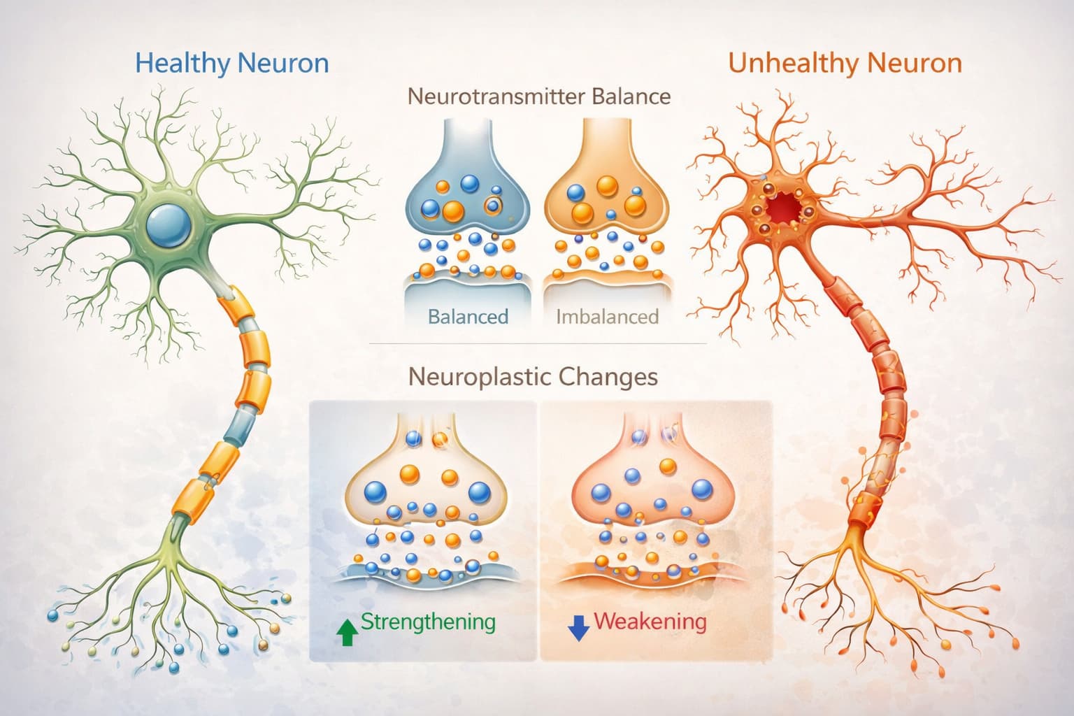 Diagram showing healthy vs. unhealthy neurons, neurotransmitter balance, and neuroplastic changes