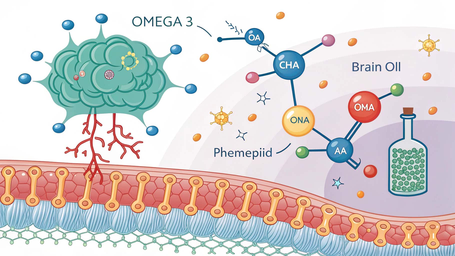 Diagram showing omega-3 fatty acids incorporating into brain cell membranes