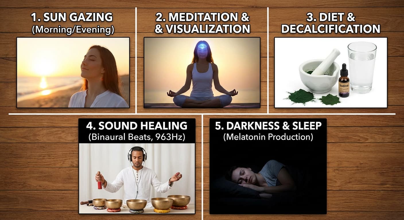 Step-by-step visual guide showing 5 main methods of pineal gland activation