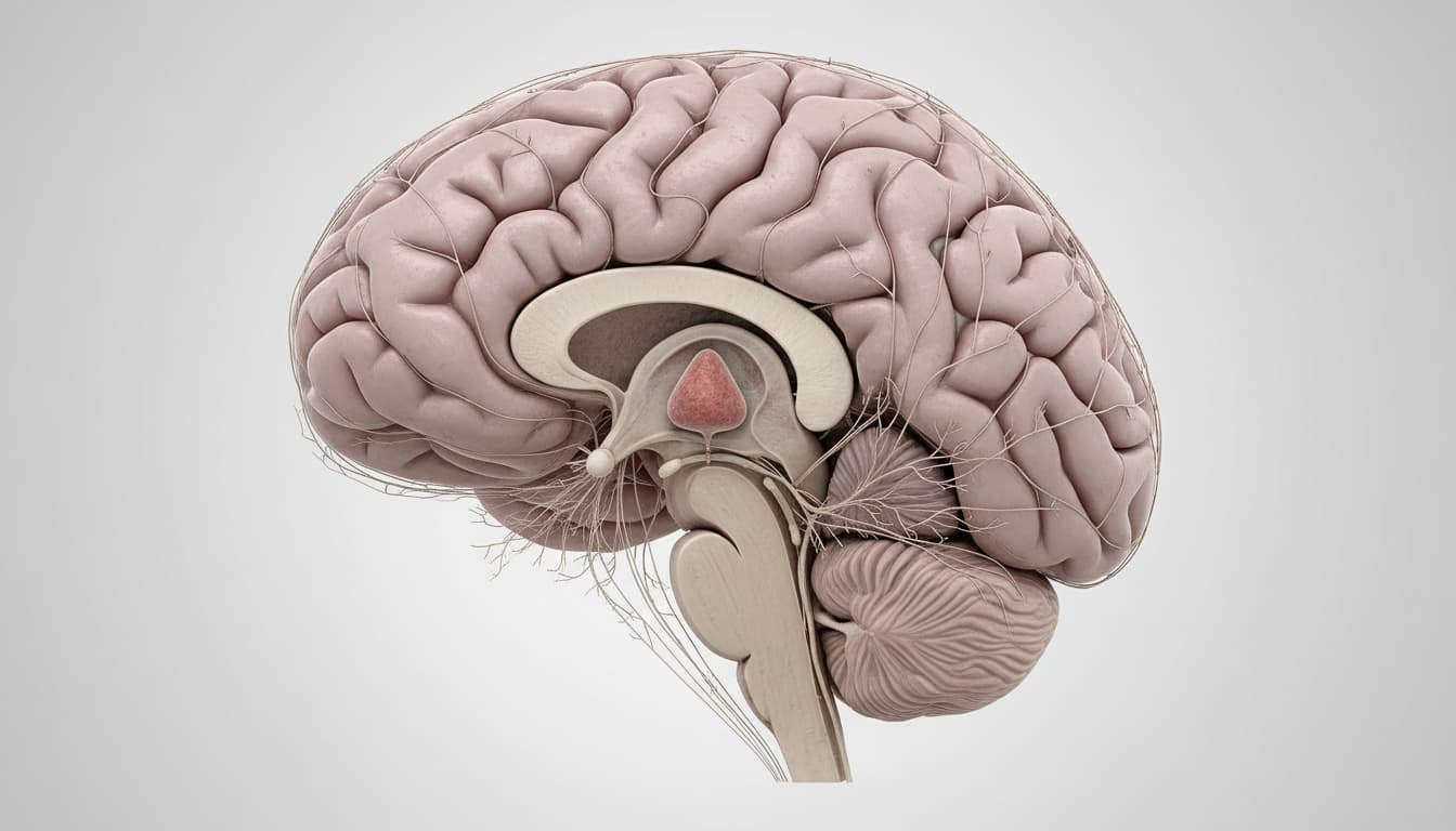 Anatomical diagram showing pineal gland location and connections to other brain structures