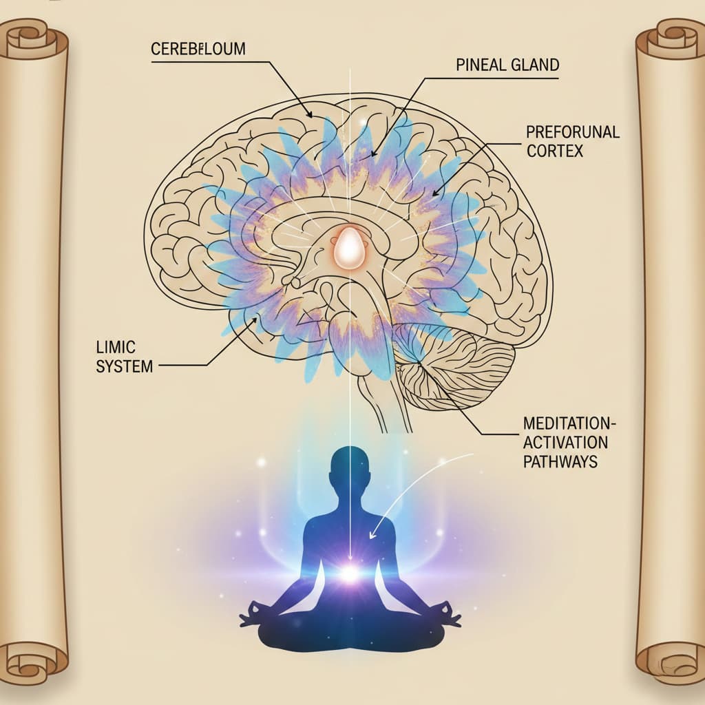 Scientific diagram showing pineal gland location and meditation-induced activation patterns