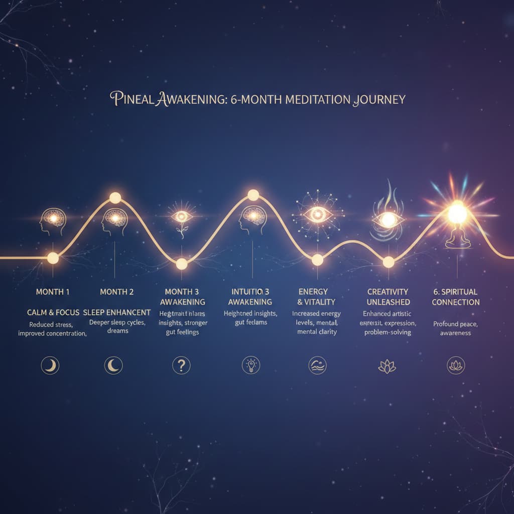 Timeline infographic showing progression of pineal meditation results over 6 months