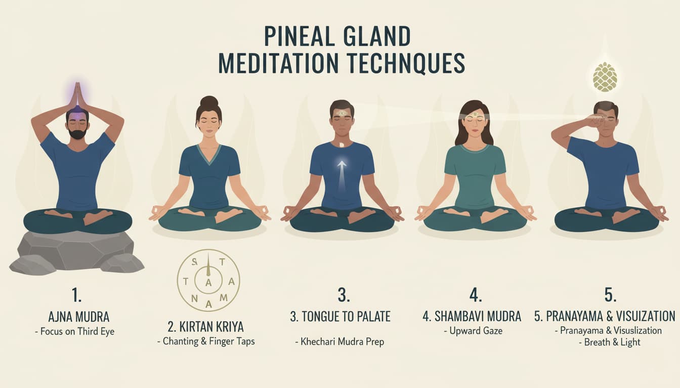 Illustration showing five different pineal meditation techniques with proper positioning
