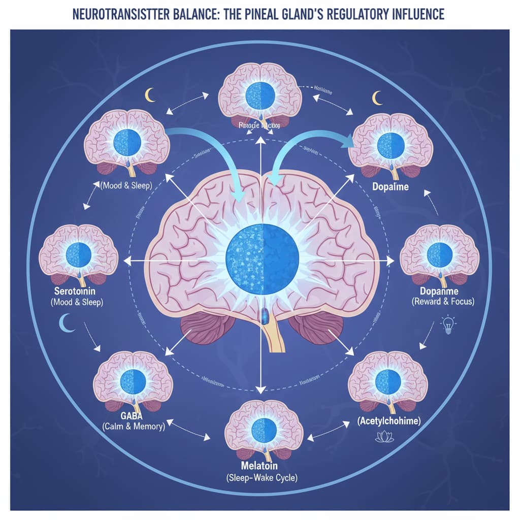 Neurotransmitter balance diagram showing pineal gland's regulatory influence